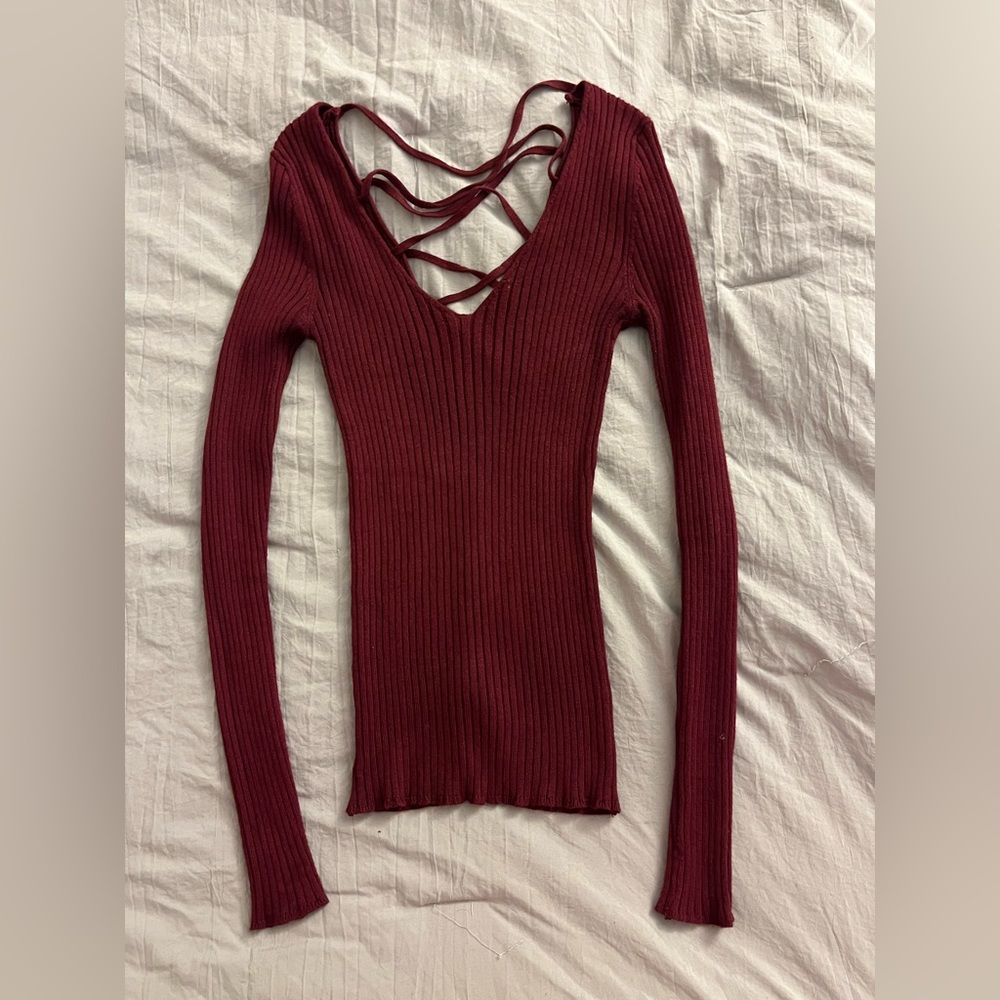Maroon Ribbed Fitted Long Sleeve Top, Small